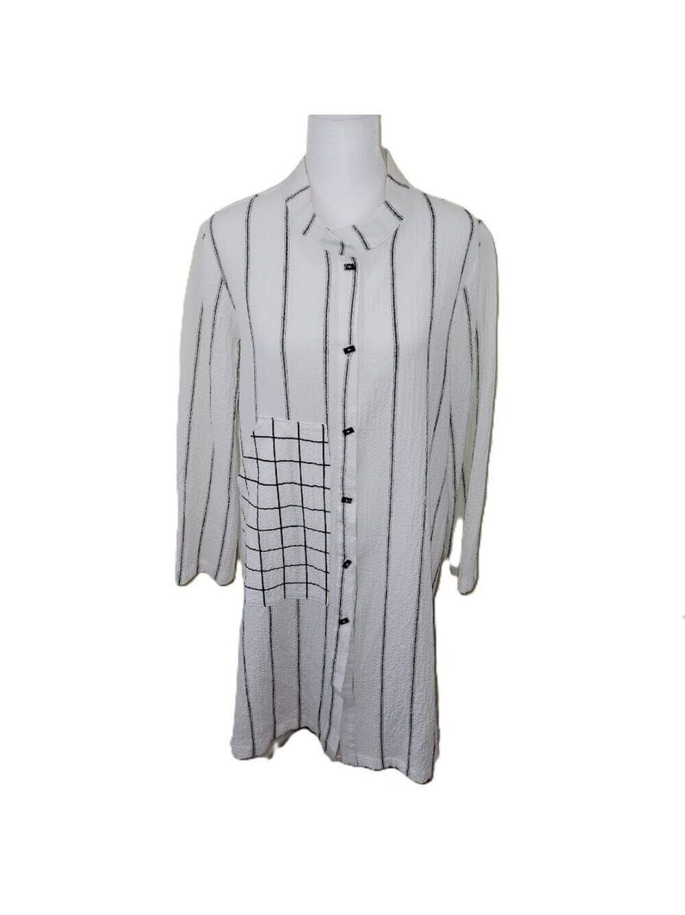 Moonlight Y&S White W/Striped  Button-Up Tunic Blouse Long Sleeve Women's Size S